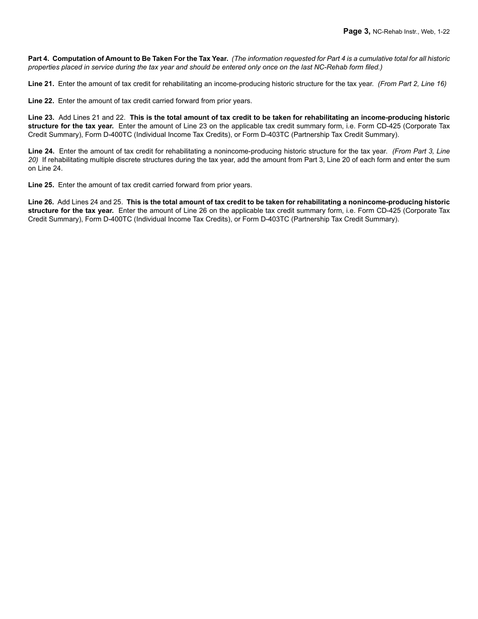 Instructions for Form NC-REHAB Historic Rehabilitation Tax Credits - North Carolina, Page 3