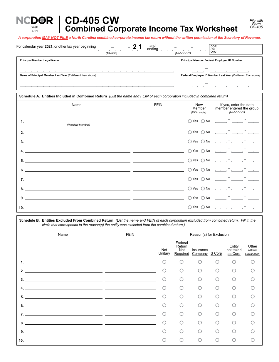 Form CD-405 CW Combined Corporate Income Tax Worksheet - North Carolina, Page 2