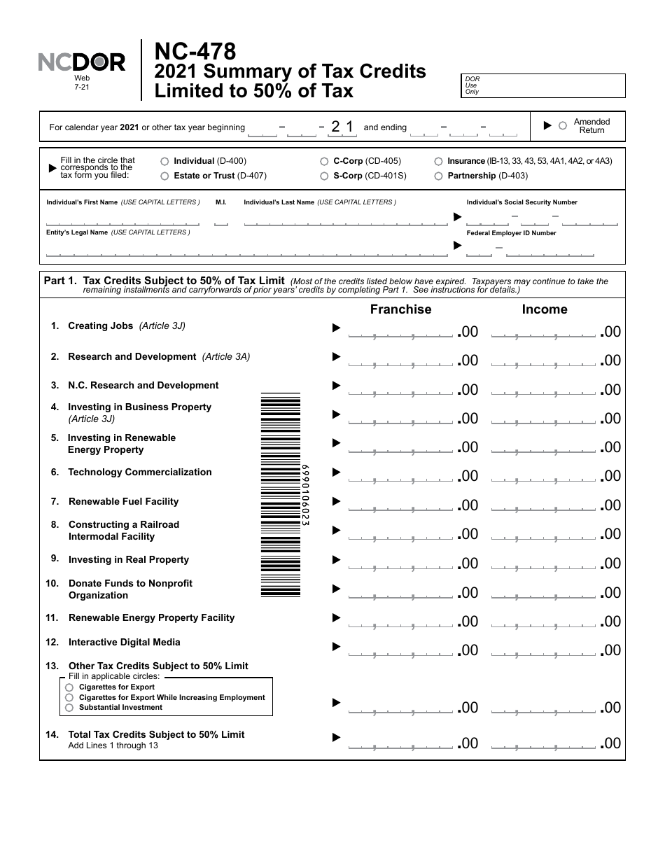 Form NC-478 Summary of Tax Credits Limited to 50% of Tax - North Carolina, Page 2