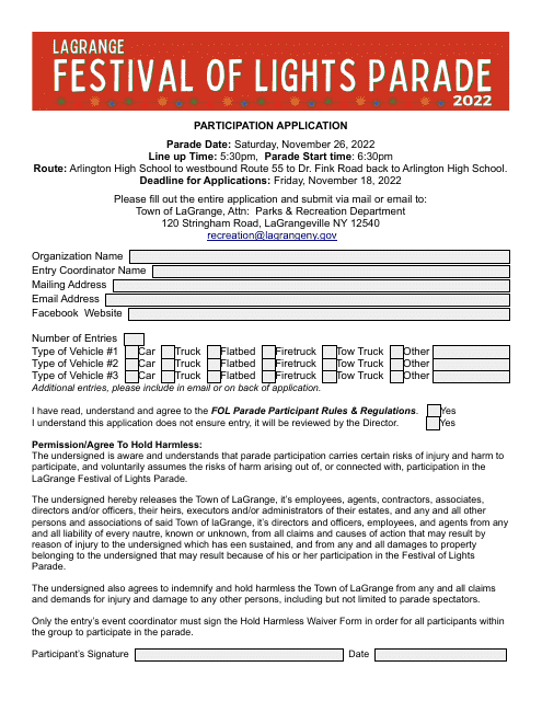 Festival of Lights Parade Participation Application - Town of LaGrange, New York, 2022