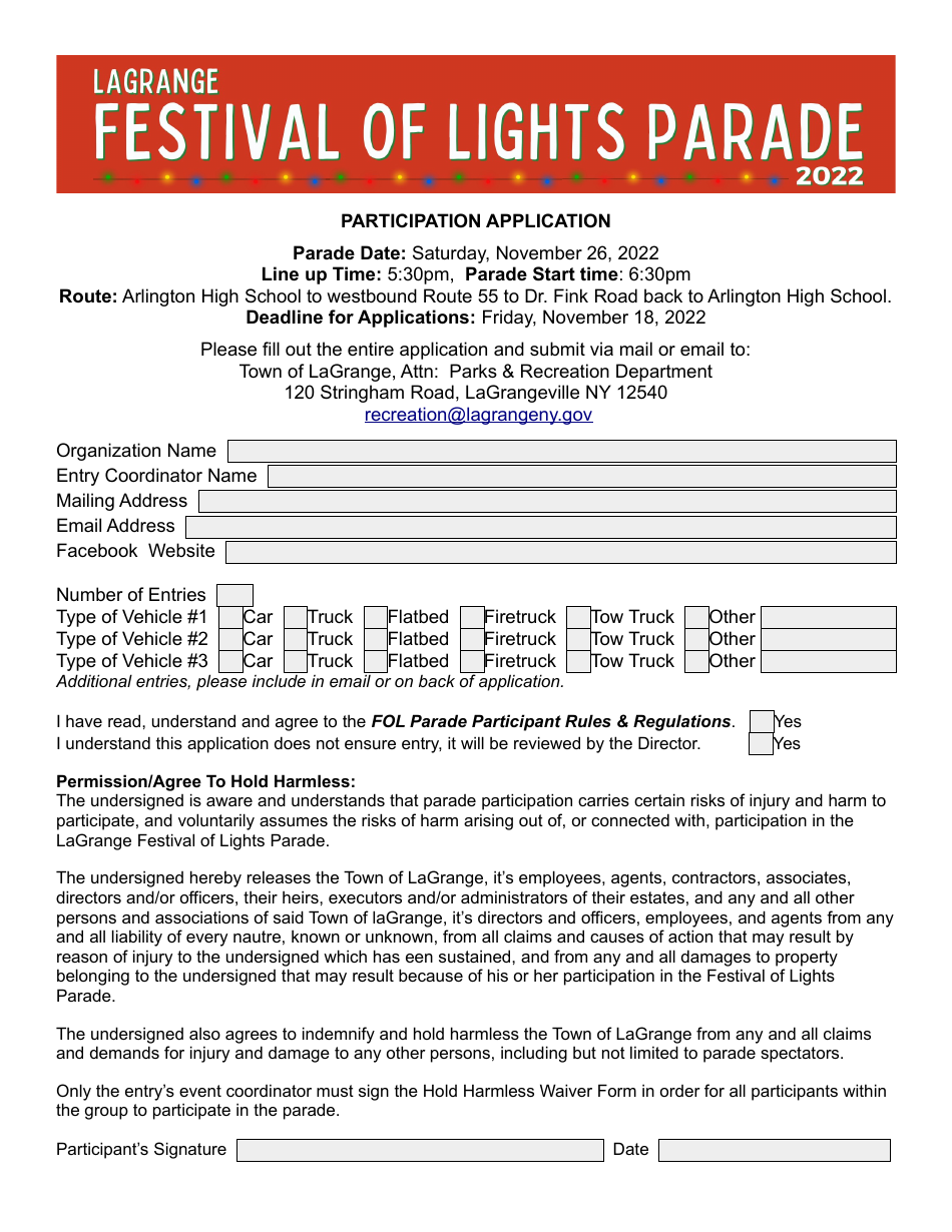2022 Town of LaGrange, New York Festival of Lights Parade Participation