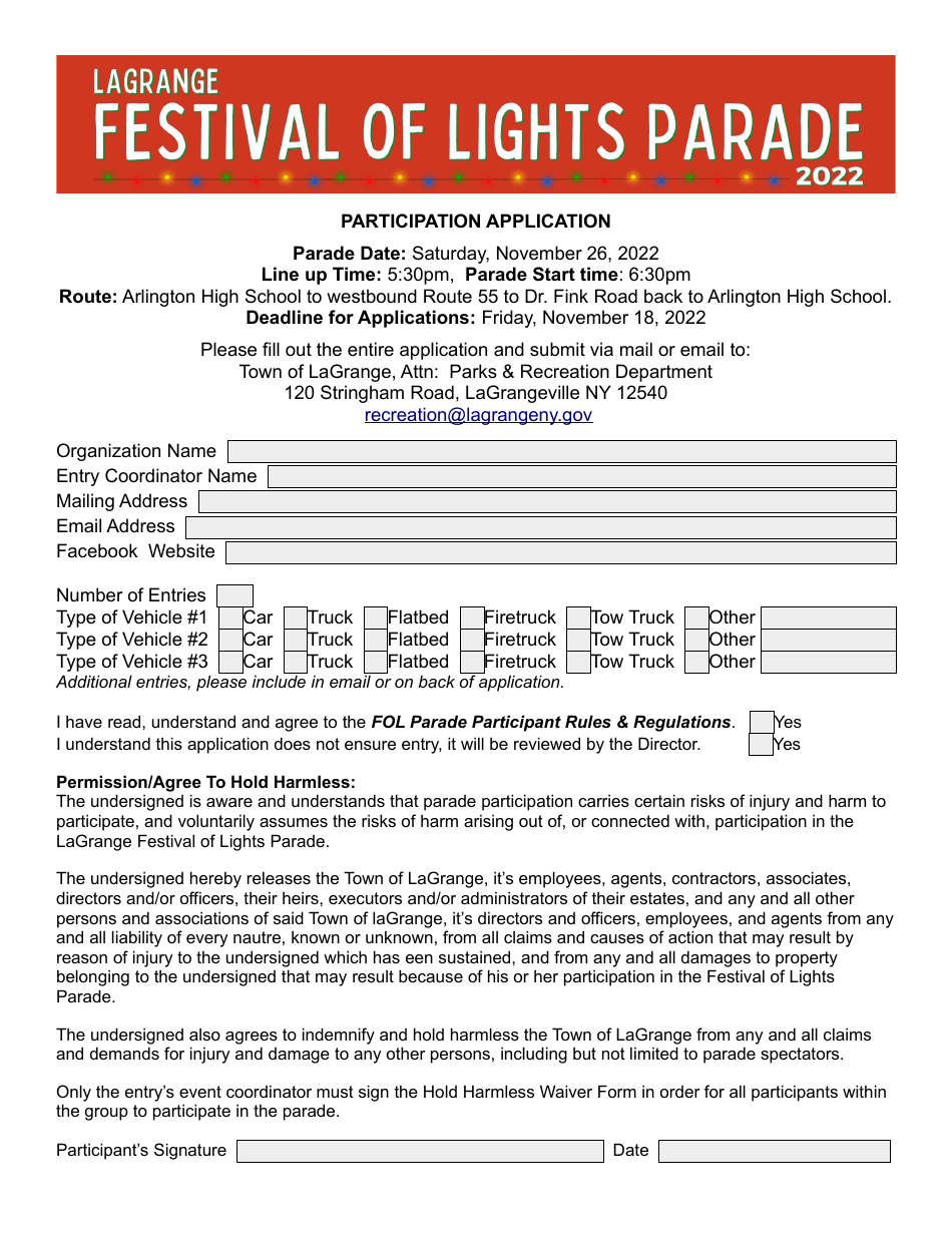 Festival of Lights Parade Participation Application - Town of LaGrange, New York, Page 1