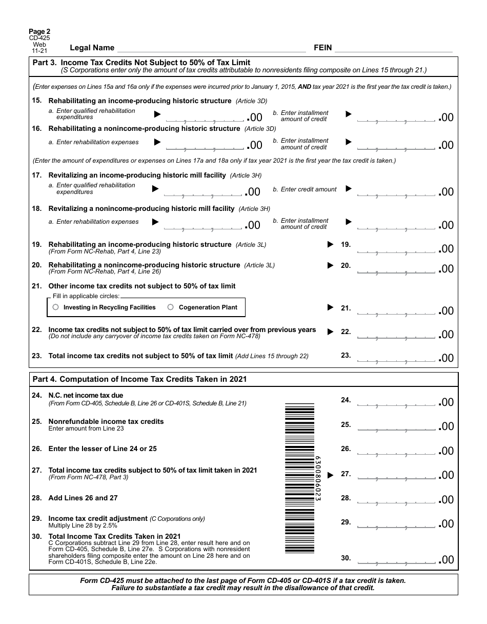 Form CD-425 Corporate Tax Credit Summary - North Carolina, Page 3