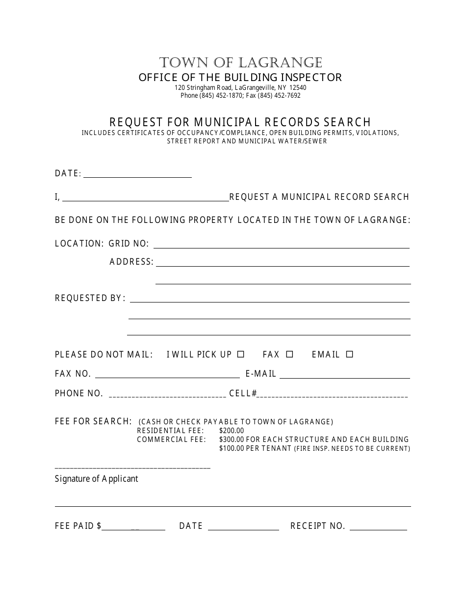 Town of LaGrange, New York Request for Municipal Records Search Fill