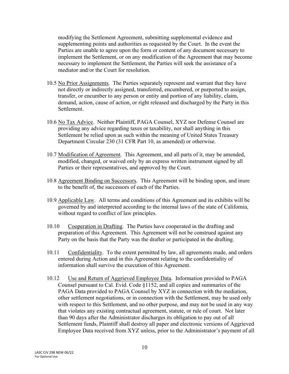 Form LACIV298 [model] Paga Settlement Agreement - County of Los Angeles, California, Page 10
