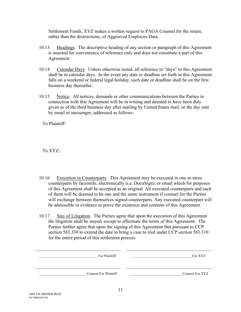 Form LACIV298 [model] Paga Settlement Agreement - County of Los Angeles, California, Page 11