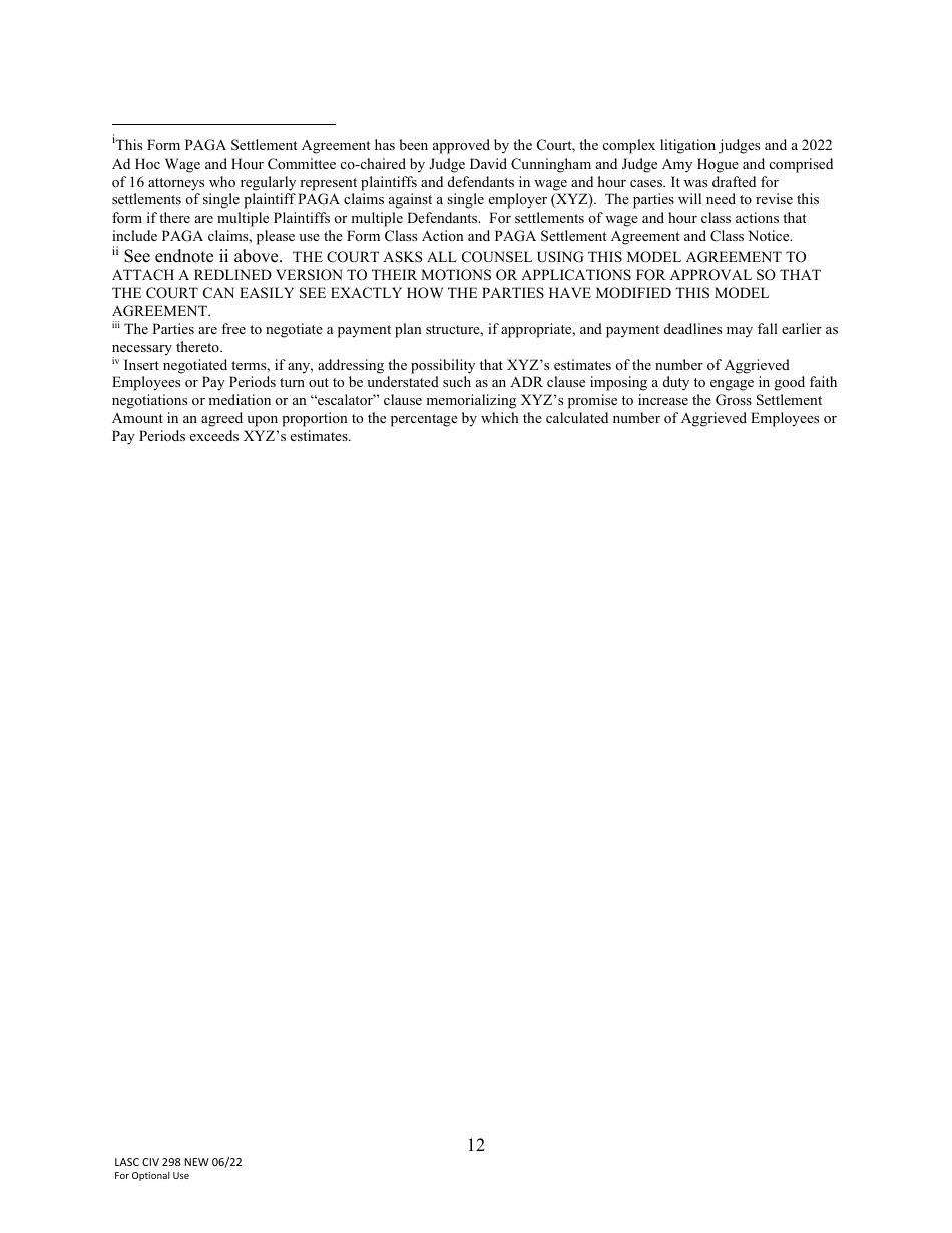 Form LACIV298 [model] Paga Settlement Agreement - County of Los Angeles, California, Page 12