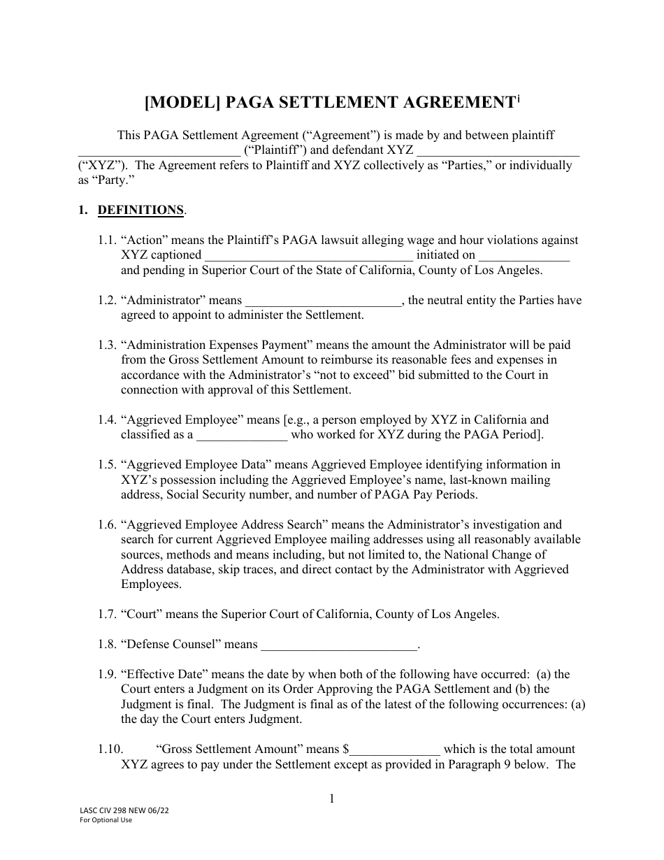 Form LACIV298 [model] Paga Settlement Agreement - County of Los Angeles, California, Page 1