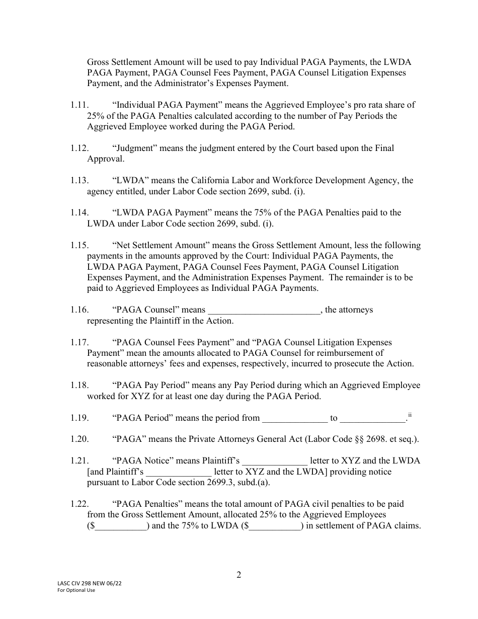 Form LACIV298 [model] Paga Settlement Agreement - County of Los Angeles, California, Page 2
