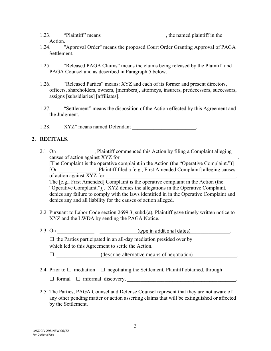 Form LACIV298 [model] Paga Settlement Agreement - County of Los Angeles, California, Page 3