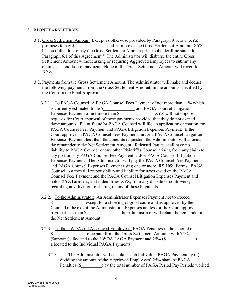 Form LACIV298 [model] Paga Settlement Agreement - County of Los Angeles, California, Page 4