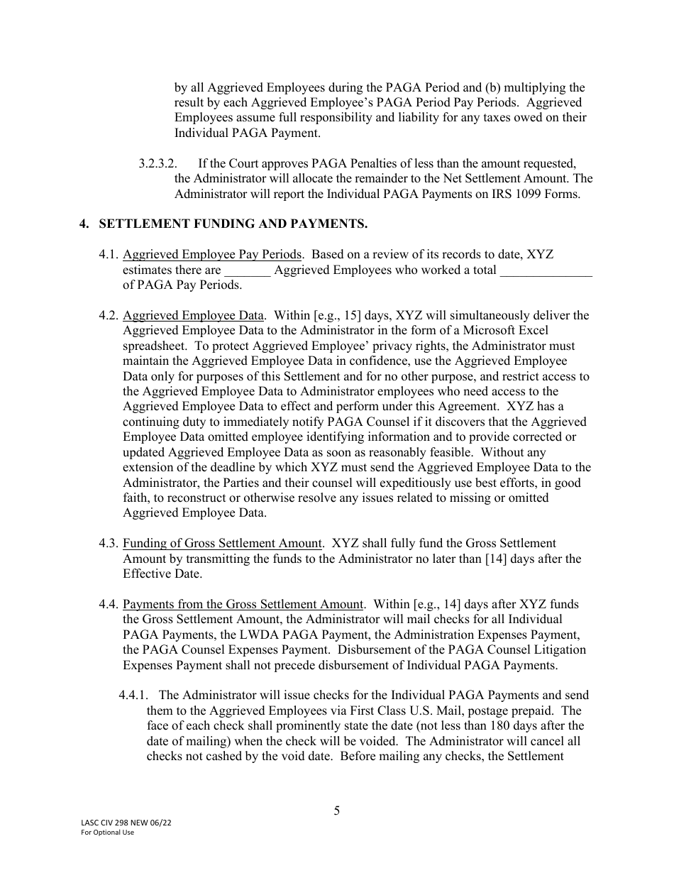 Form LACIV298 [model] Paga Settlement Agreement - County of Los Angeles, California, Page 5