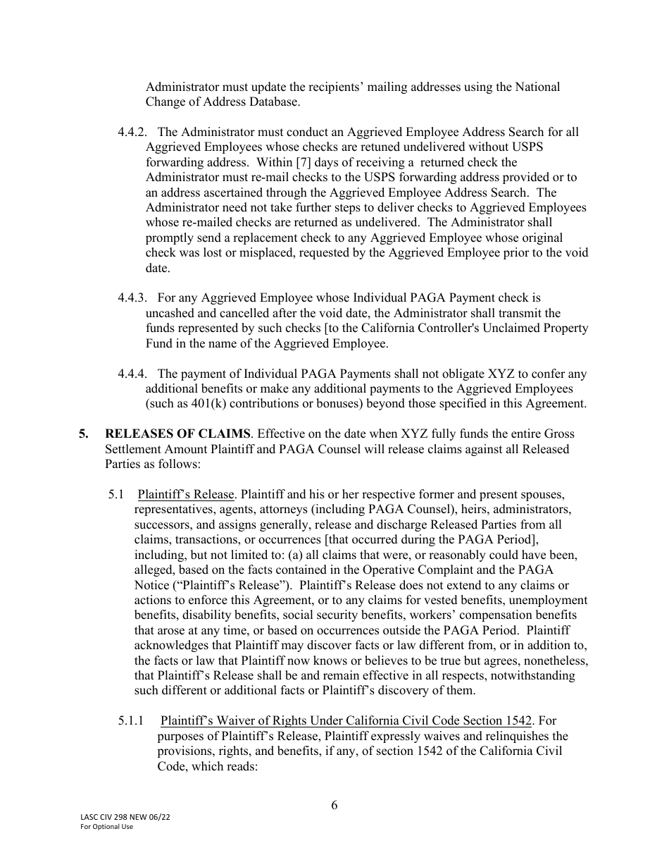 Form LACIV298 [model] Paga Settlement Agreement - County of Los Angeles, California, Page 6