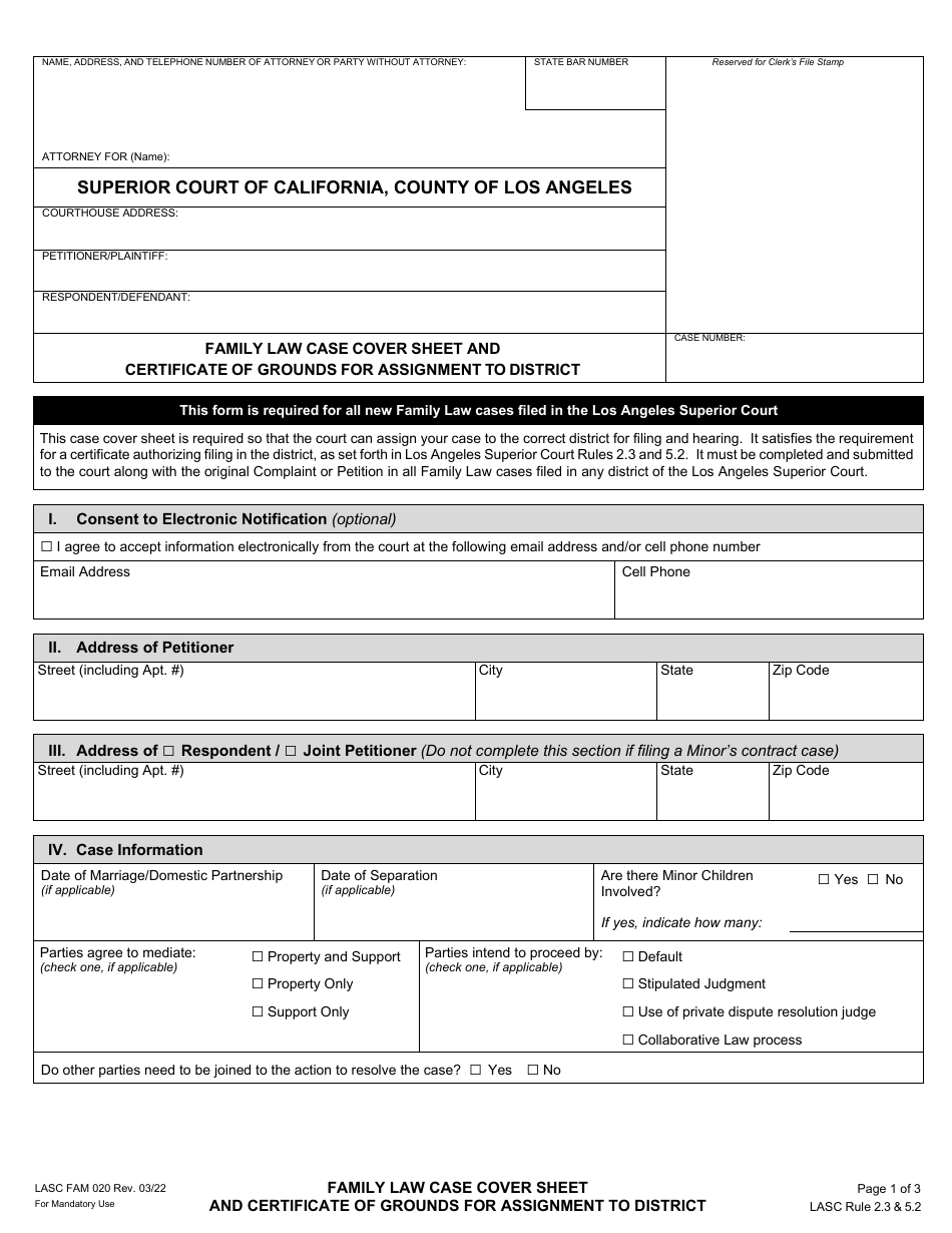 Form LASC FAM020 Family Law Case Cover Sheet and Certificate of Grounds for Assignment to District - County of Los Angeles, California, Page 1