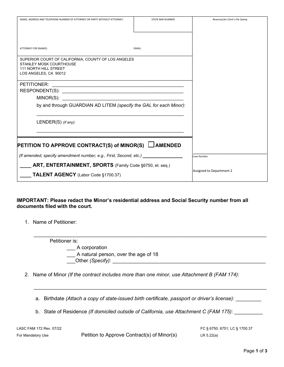Form LASC FAM172 Petition to Approve Contract(S) of Minor(S) - County of Los Angeles, California, Page 1