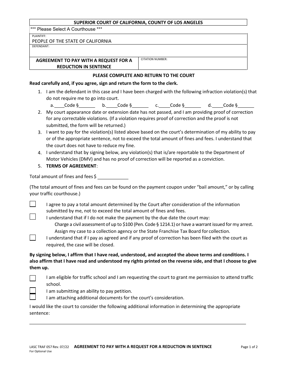 Form LASC TRAF057 Agreement to Pay With a Request for a Reduction in Sentence - County of Los Angeles, California, Page 1