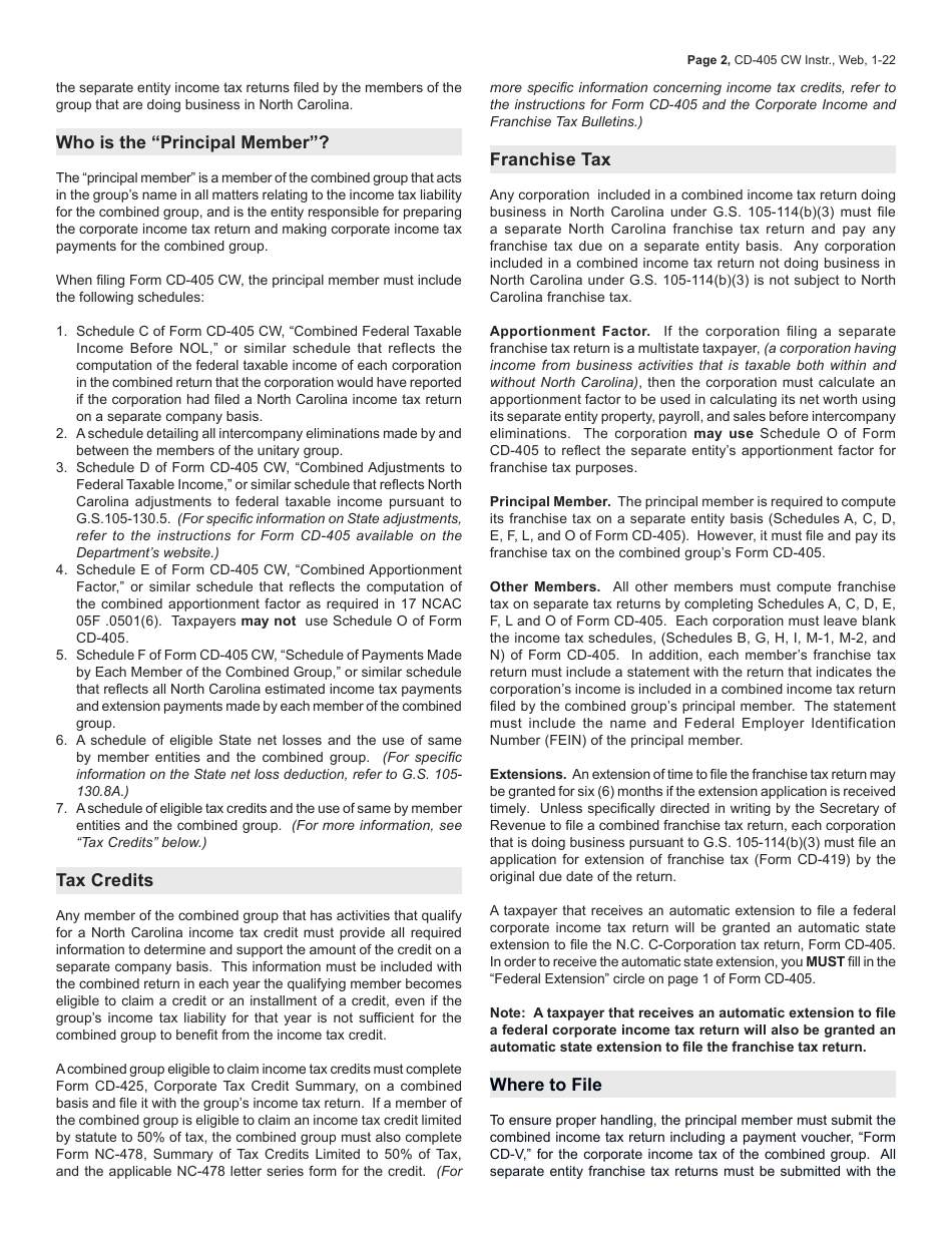 Instructions for Form CD-405 CW Combined Corporate Income Tax Worksheet - North Carolina, Page 2