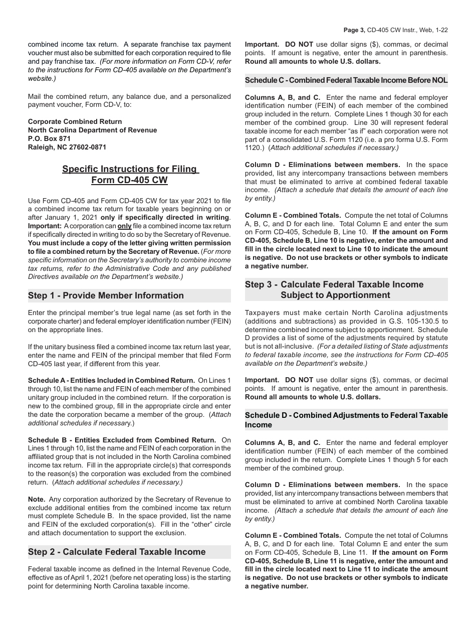 Instructions for Form CD-405 CW Combined Corporate Income Tax Worksheet - North Carolina, Page 3