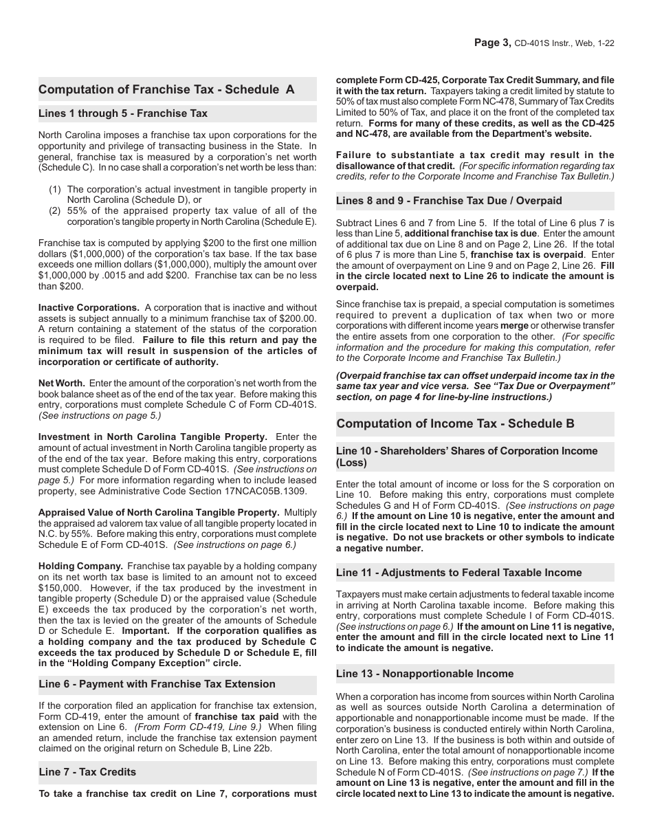 Instructions for Form CD-401S S-Corporation Tax Return - North Carolina, Page 3