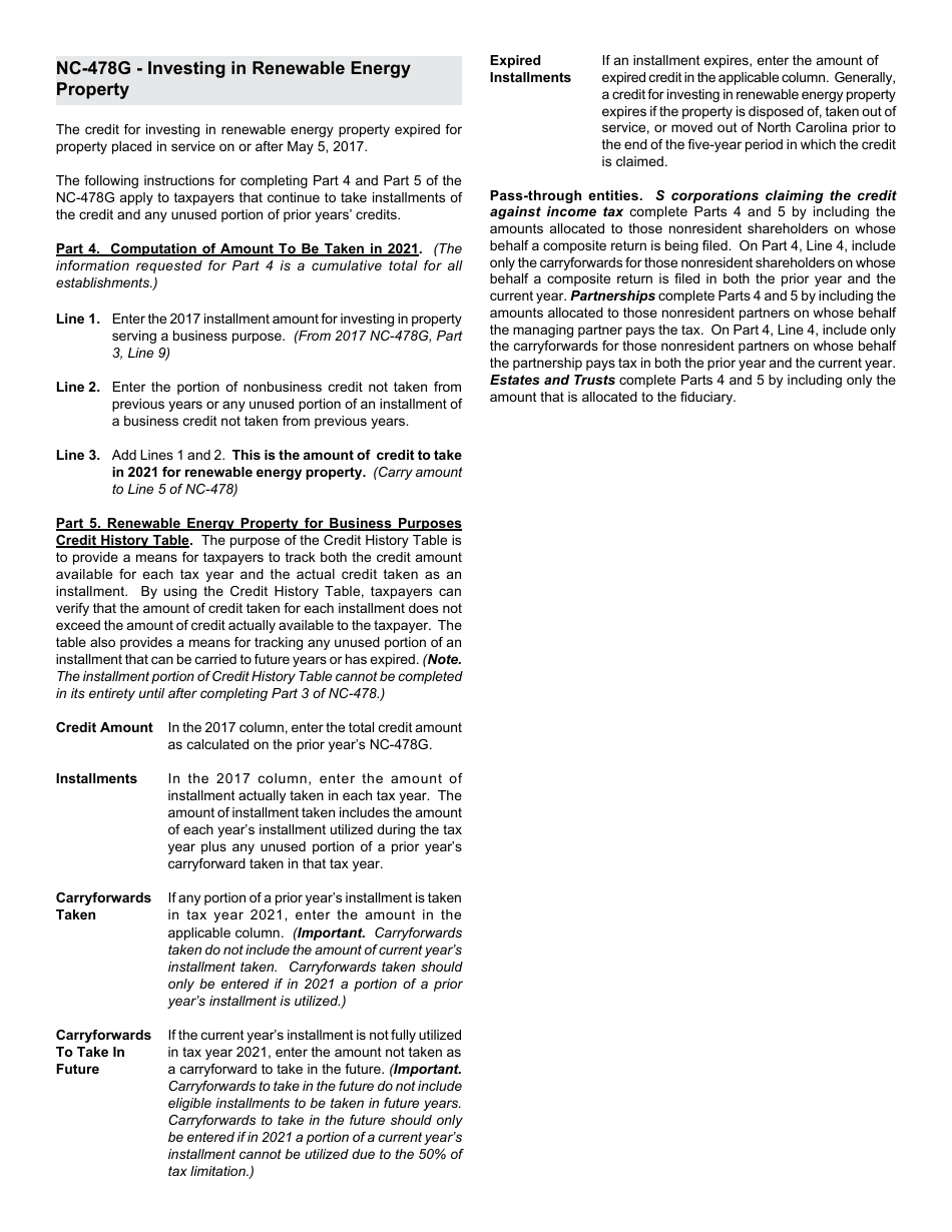 Instructions for Form NC-478G Tax Credit for Investing in Renewable Energy Property - North Carolina, Page 1