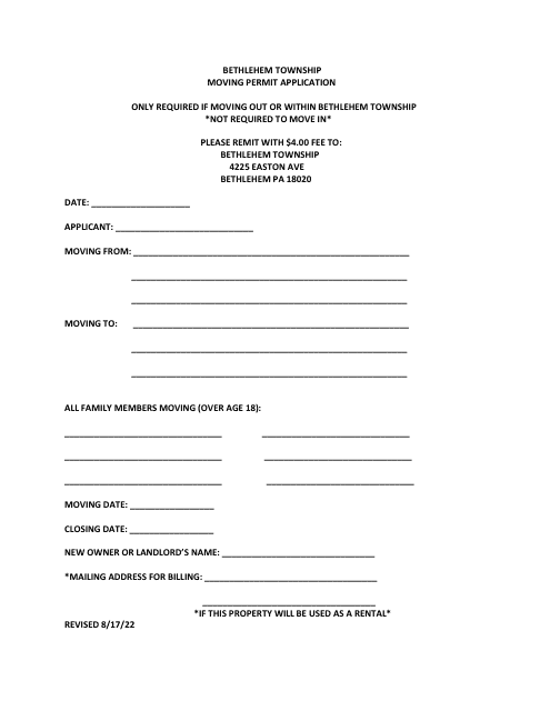Moving Permit Application - Bethlehem Township, Pennsylvania Download Pdf