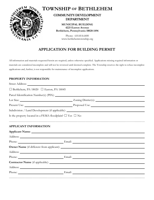 Application for Building Permit - Bethlehem Township, Pennsylvania Download Pdf