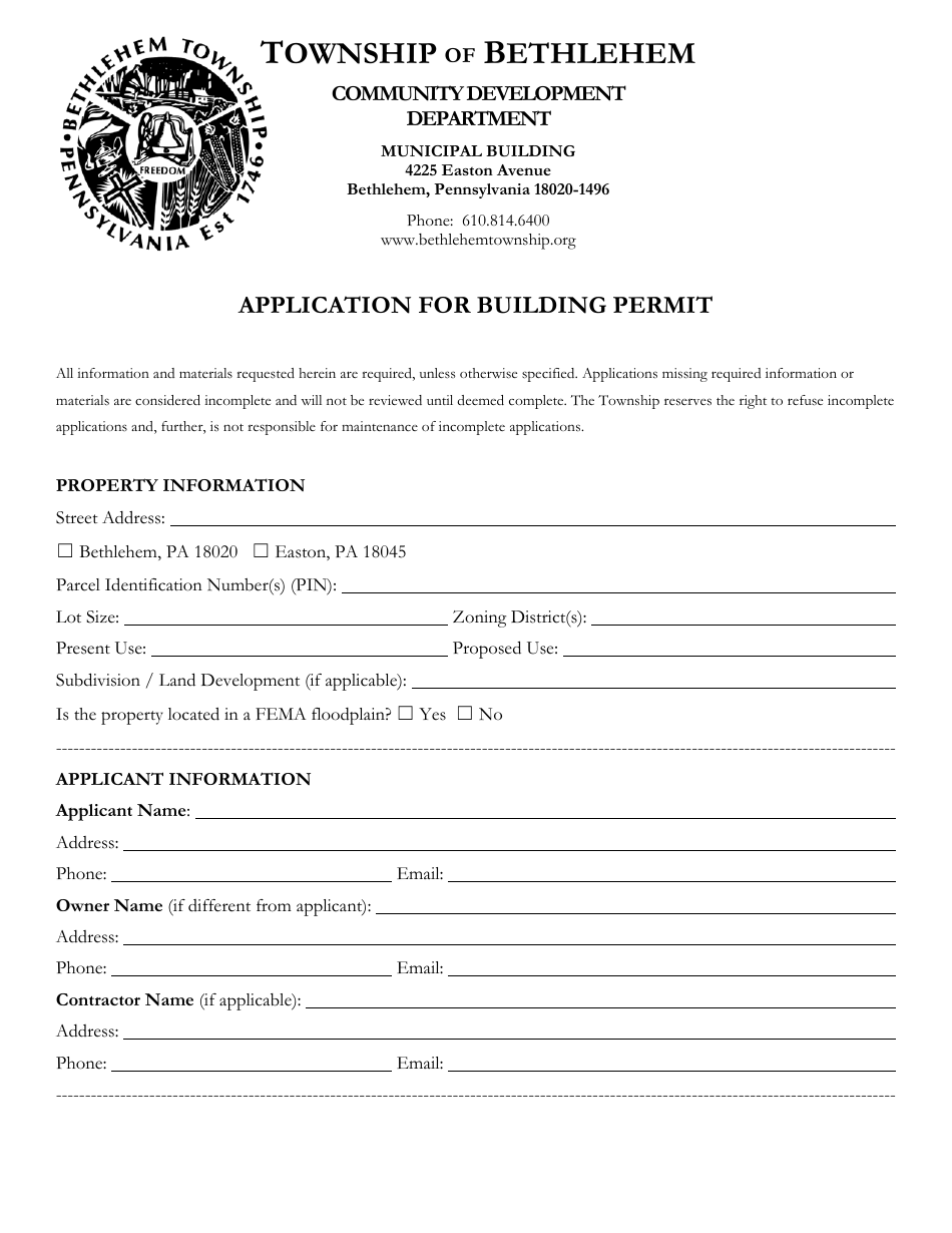 Bethlehem Township, Pennsylvania Application for Building Permit Fill