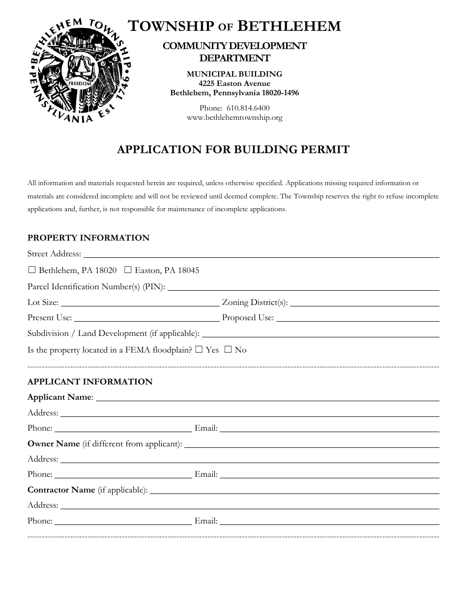 Application for Building Permit - Bethlehem Township, Pennsylvania, Page 1