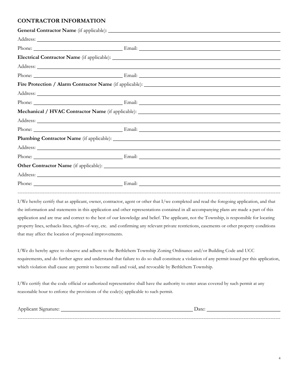 Bethlehem Township, Pennsylvania Application for Building Permit Fill