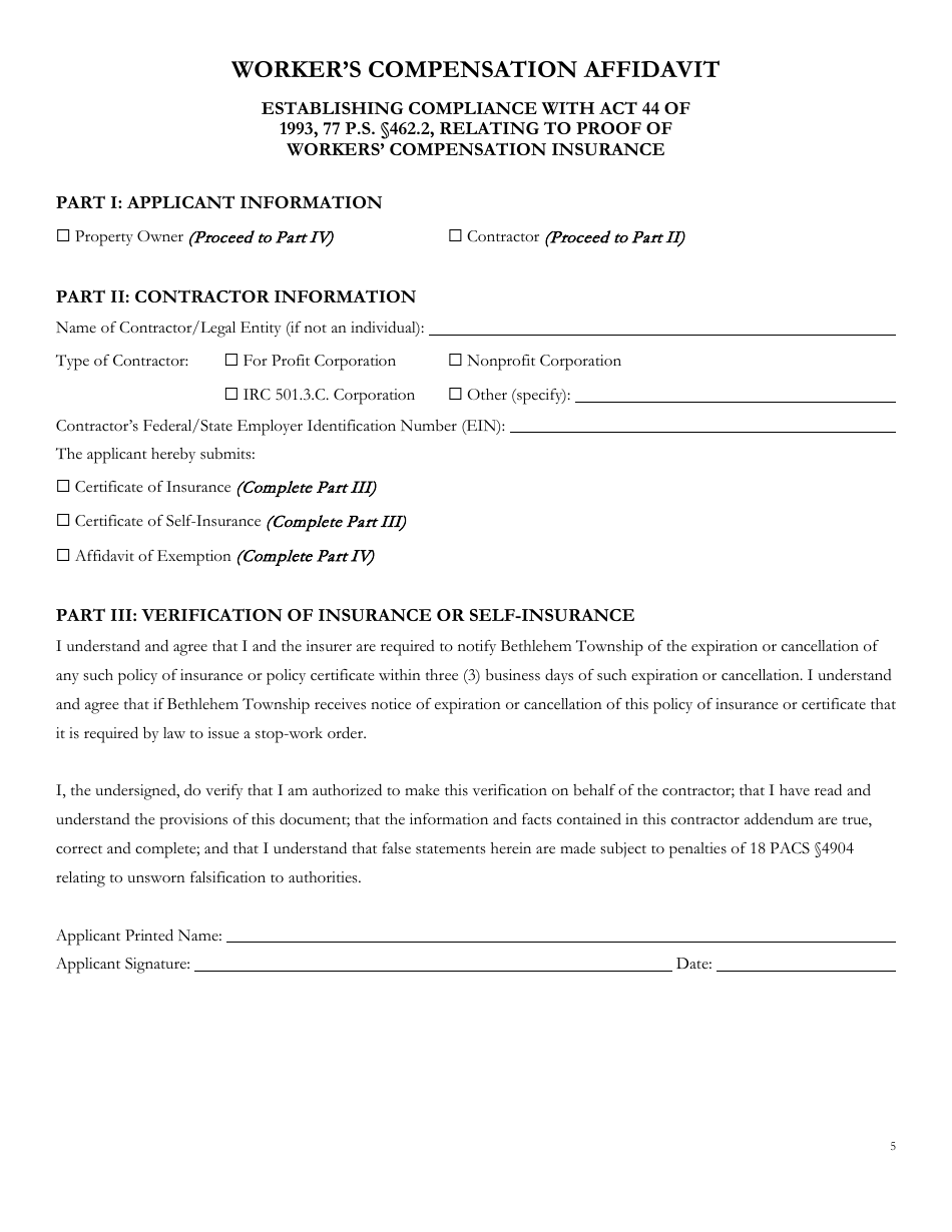 Bethlehem Township, Pennsylvania Application for Building Permit Fill