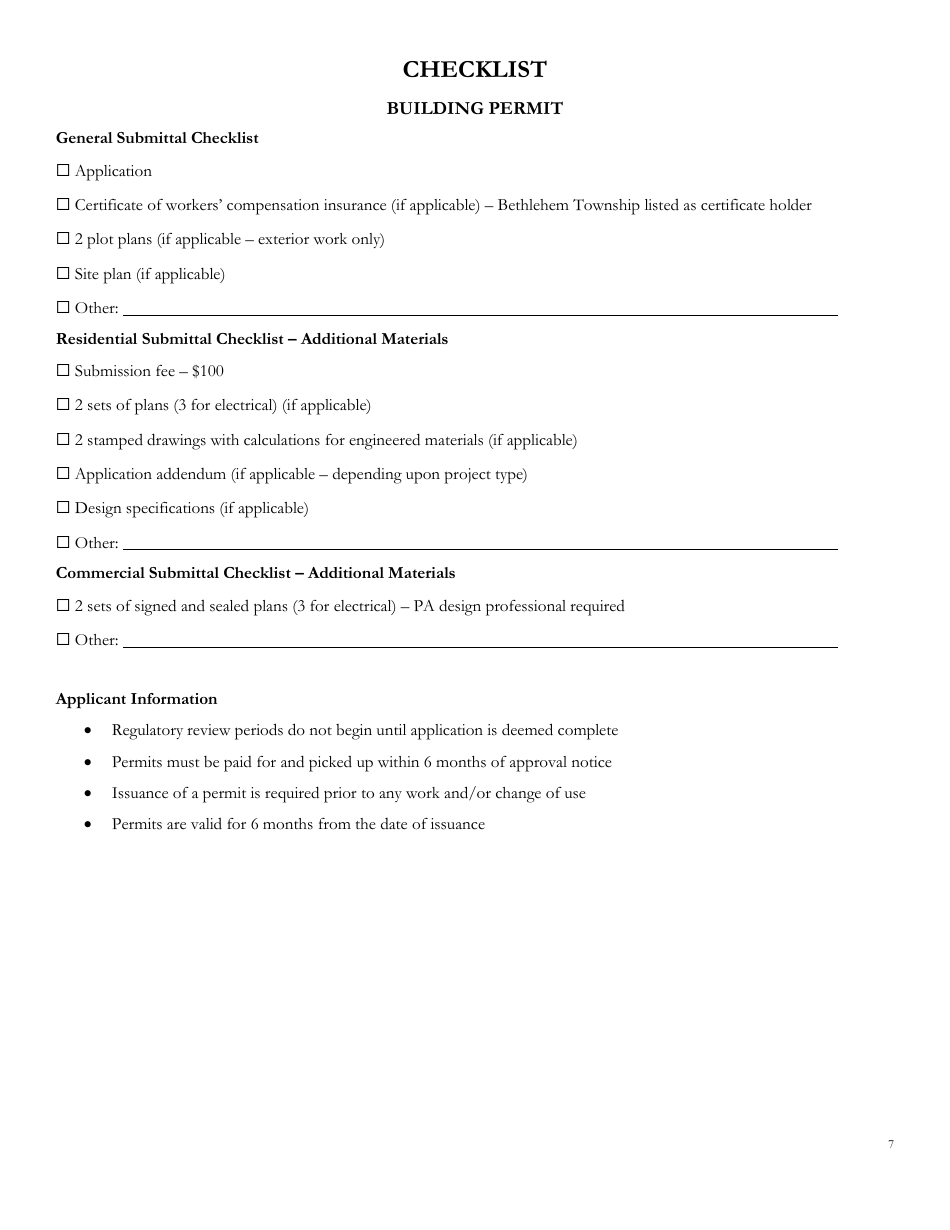 Bethlehem Township, Pennsylvania Application for Building Permit Fill