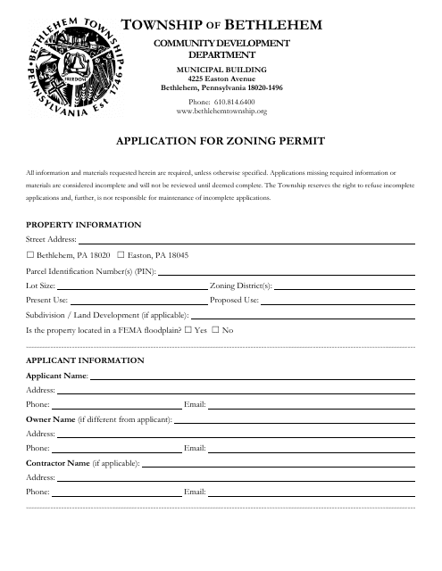 Application for Zoning Permit - Bethlehem Township, Pennsylvania