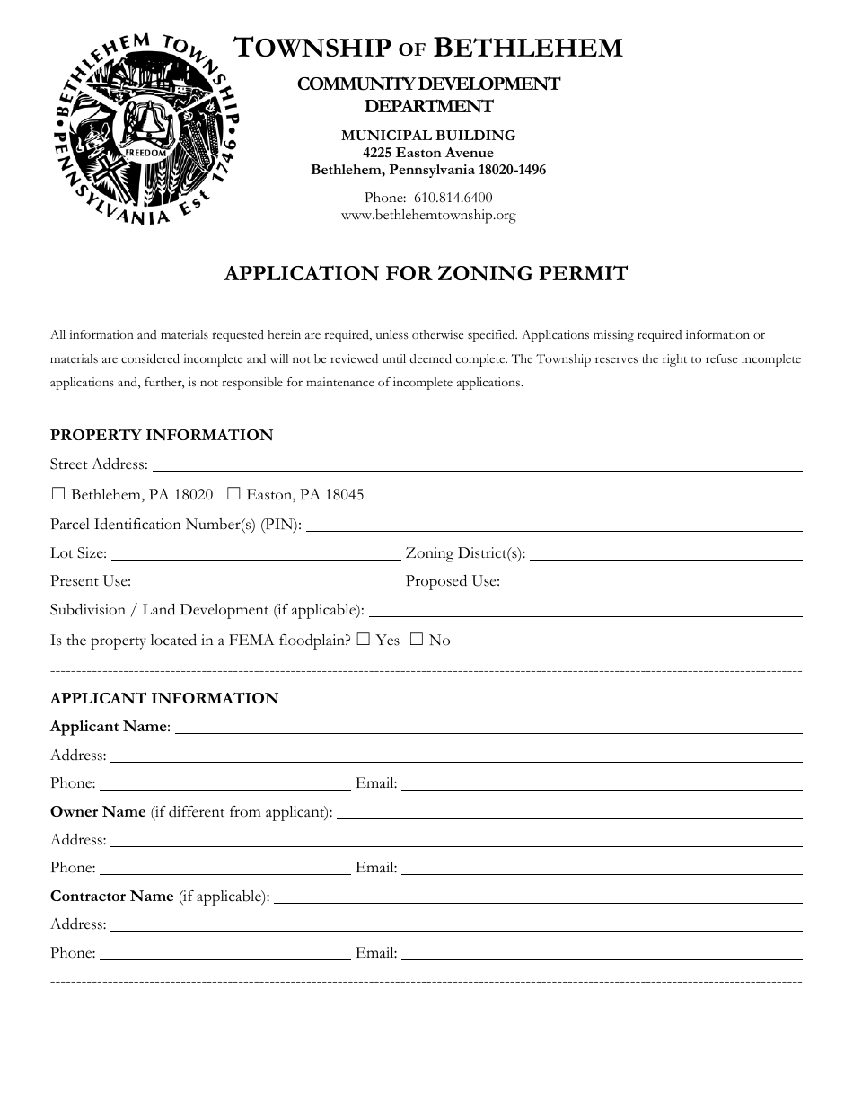 Bethlehem Township, Pennsylvania Application for Zoning Permit Fill
