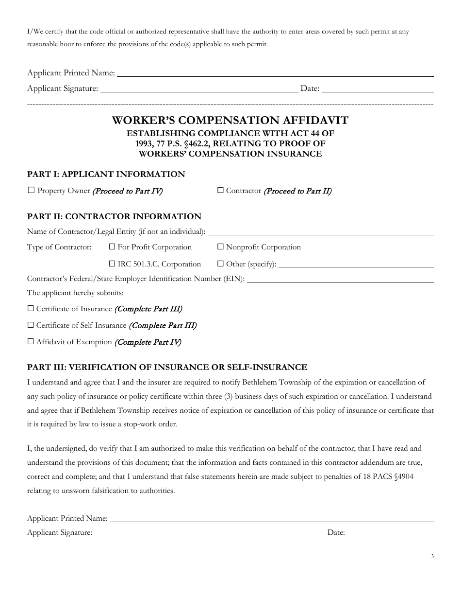 Bethlehem Township, Pennsylvania Application for Zoning Permit Fill