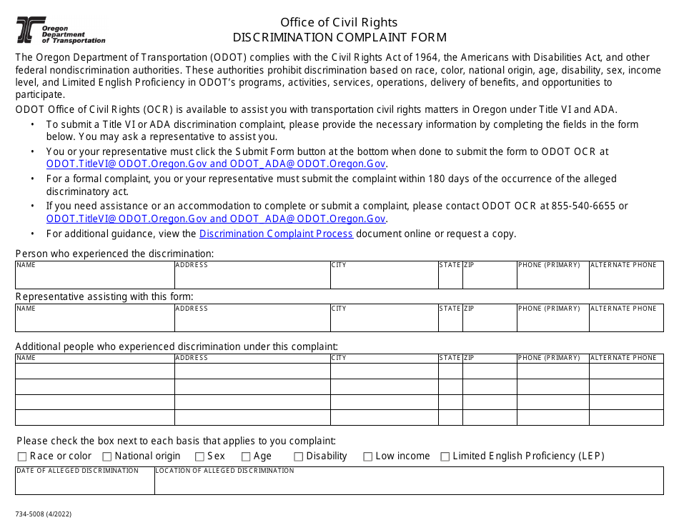 Form 734-5008 Discrimination Complaint Form - Oregon, Page 1