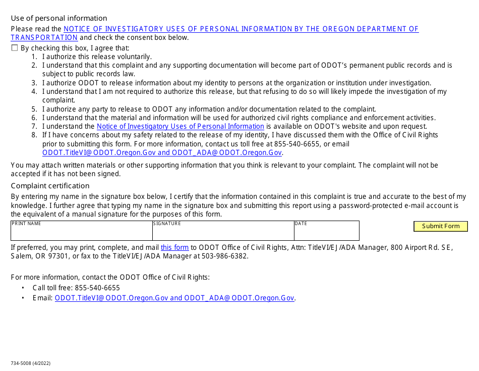Form 734-5008 Discrimination Complaint Form - Oregon, Page 4