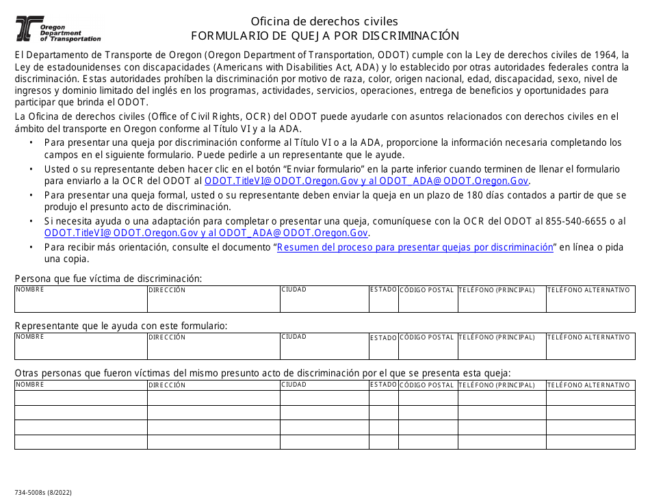 Formulario 734-5008S Formulario De Queja Por Discriminacion - Oregon (Spanish), Page 1