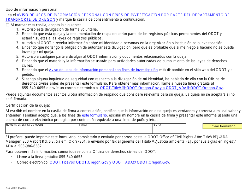 Formulario 734-5008S Formulario De Queja Por Discriminacion - Oregon (Spanish), Page 4