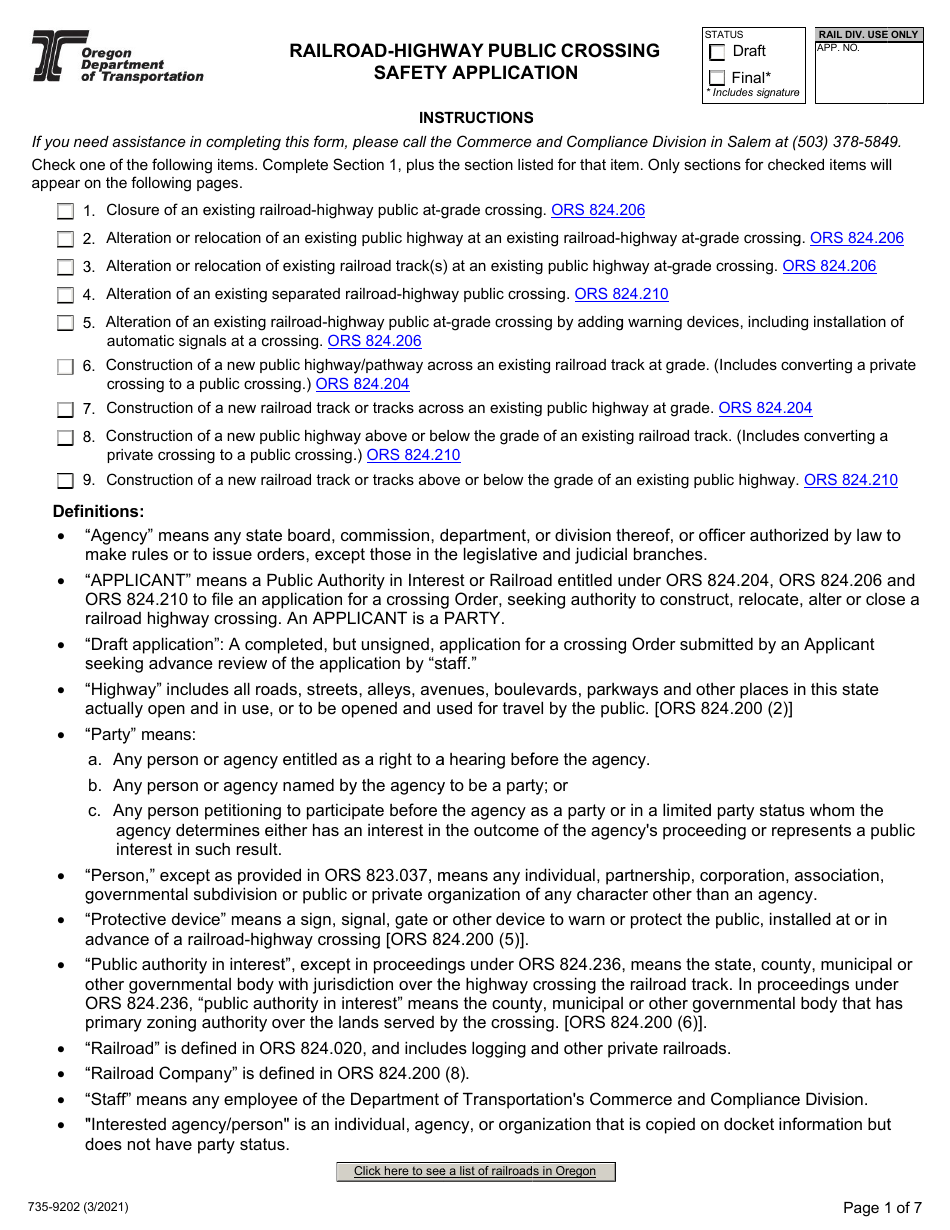 Form 735-9202 Railroad-Highway Public Crossing Safety Application - Oregon, Page 1