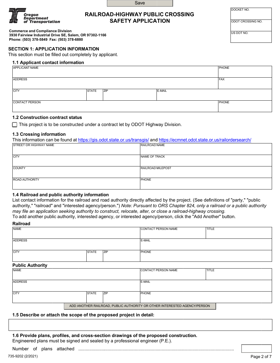 Form 735-9202 Railroad-Highway Public Crossing Safety Application - Oregon, Page 2