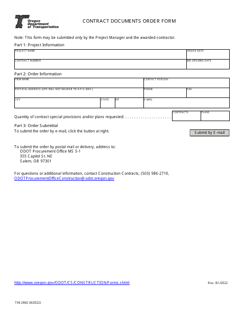 Form 734-2842 Contract Documents Order Form - Oregon