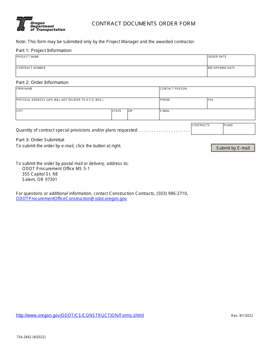 Form 734-2842 Contract Documents Order Form - Oregon, Page 1