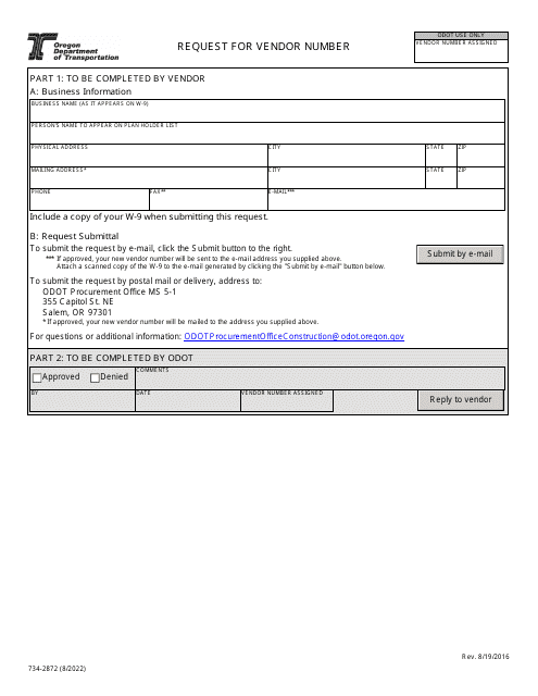 Form 734-2872 Request for Vendor Number - Oregon