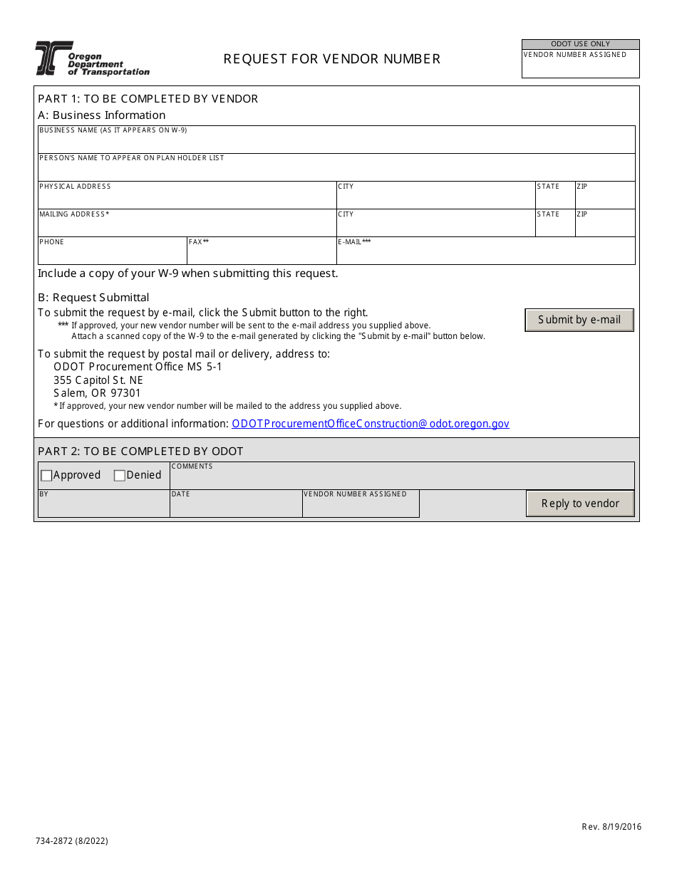 Form 734-2872 Request for Vendor Number - Oregon, Page 1