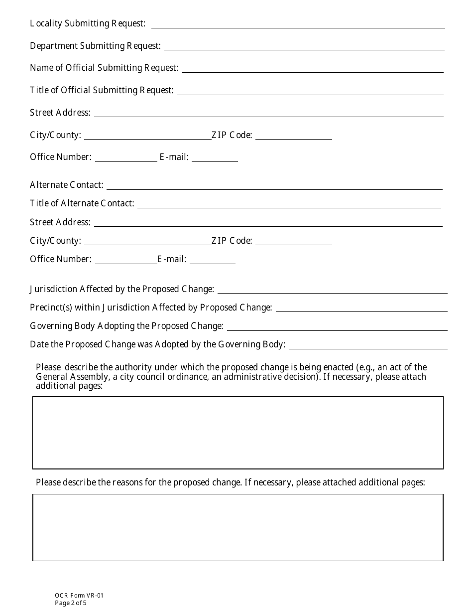 OCR Form VR-01 Request for Certification of No Objection - Virginia, Page 2