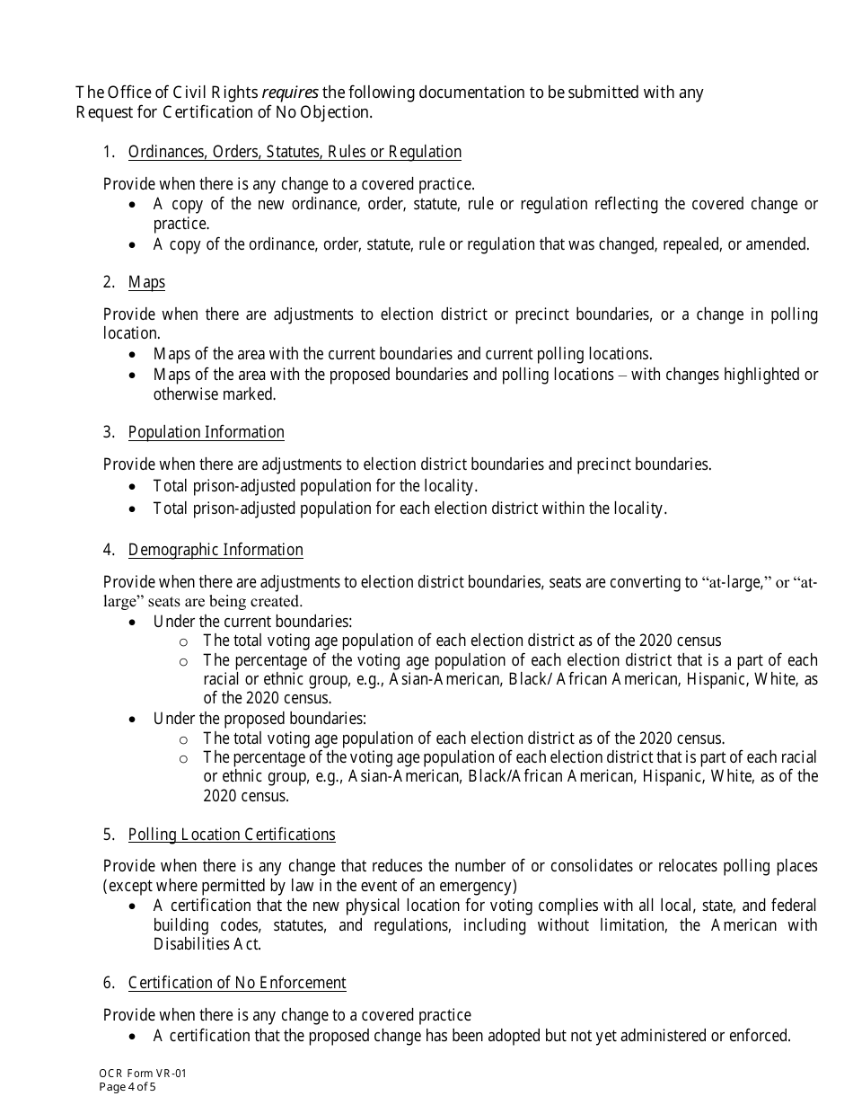 OCR Form VR-01 Request for Certification of No Objection - Virginia, Page 4