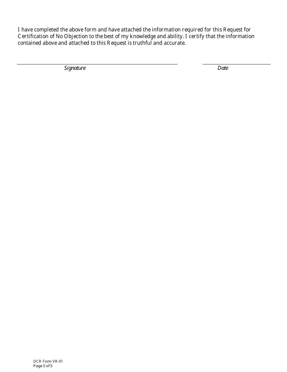 OCR Form VR-01 Request for Certification of No Objection - Virginia, Page 5