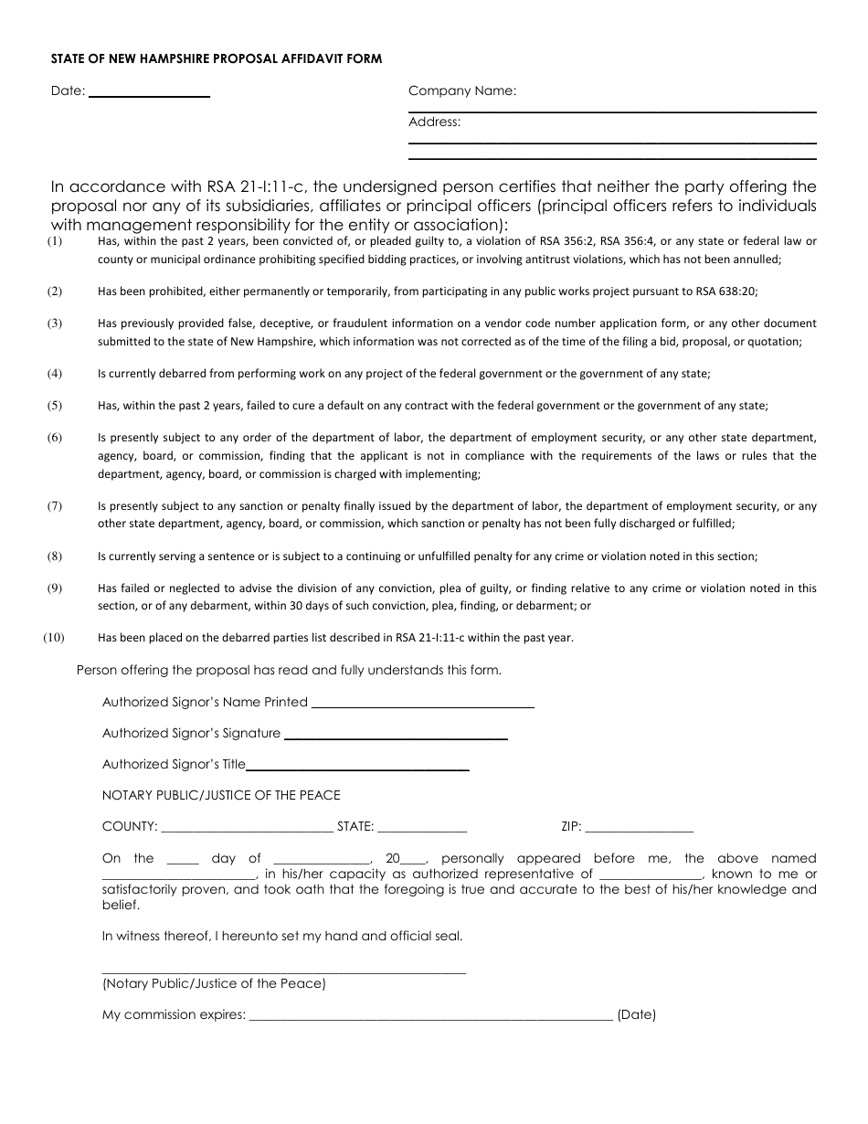 Proposal Affidavit Form - New Hampshire, Page 1