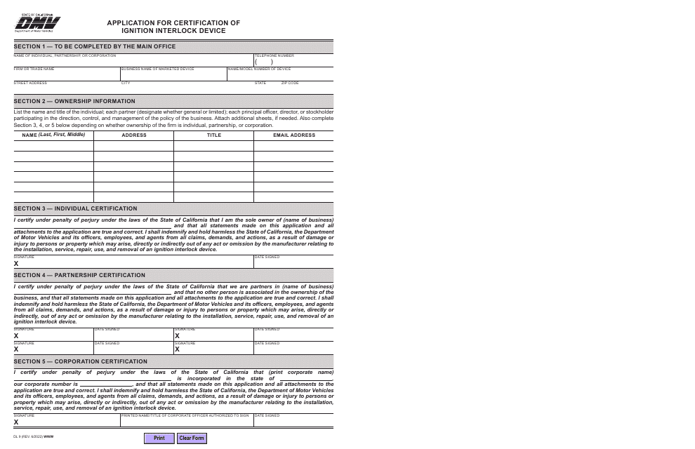 Form DL9 Application for Certification of Ignition Interlock Device - California