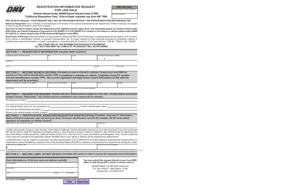 Form INF1126 Registration Information Request for Lien Sale - California, Page 1